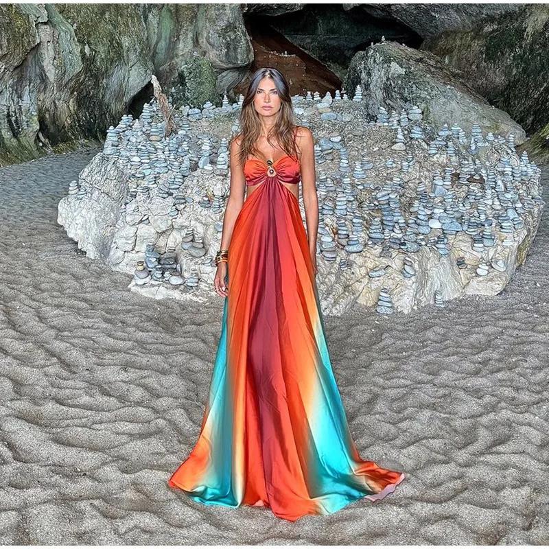 Product Introduction of Sexy Summer Holiday Printed Strapless Hollow Out Dress Women Fashion Contrast Color Backless Robes 2025 Beach Party Vestidos Formal Womenswear Comfort Sleeveless Minimalist 20