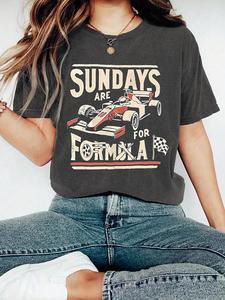 Women's Vintage Racing Car Graphic Round Neck Tee, Casual Fashion Short Sleeve T-shirt for Daily Wear, Ladies Summer Clothes, Top