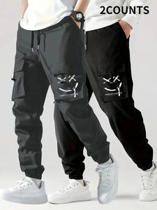 Men's 2pcs Cartoon Face & Letter Print Cargo Pants, Casual Regular Fit Pocket Drawstring Waist Jogger Cargo Trousers for Daily Wear,  Work Trousers Men, Fashion Men's Bottoms for Summer