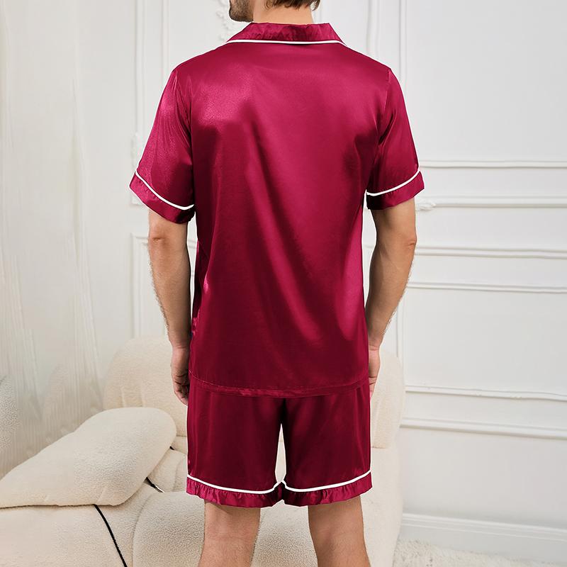 Men satin pajama set summer casual pajama button pocket short sleeved shirt with shorts casual pajama men two piece pajama set 1