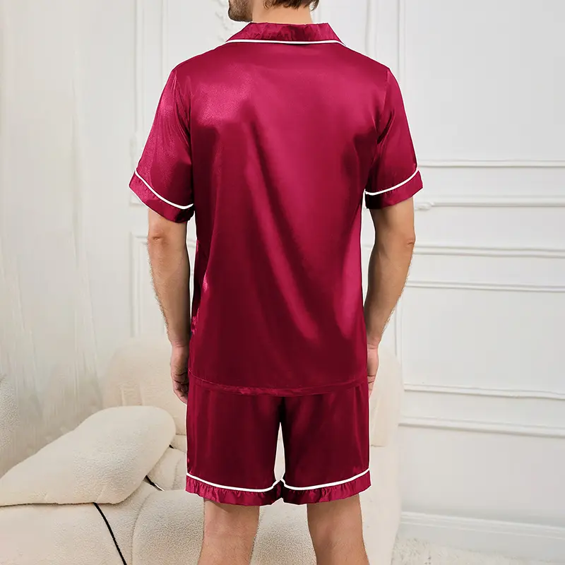 Men satin pajama set summer casual pajama button pocket short sleeved shirt with shorts casual pajama men two piece pajama set 1