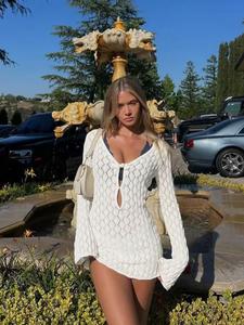 Women's Solid Color Sweater Dress, Casual Long Sleeve V Neck Mini Dress for Spring, Fashion Women's Dress for Beach Holiday