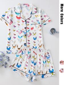 Women's All Over Animal Print Short Sleeve Pajama Two-Piece Set, Casual Comfy Button Front Chest Pocket Design Lapel Neck Top & Elastic Waist Shorts PJ Set, Ladies Sleepwear for All Seasons