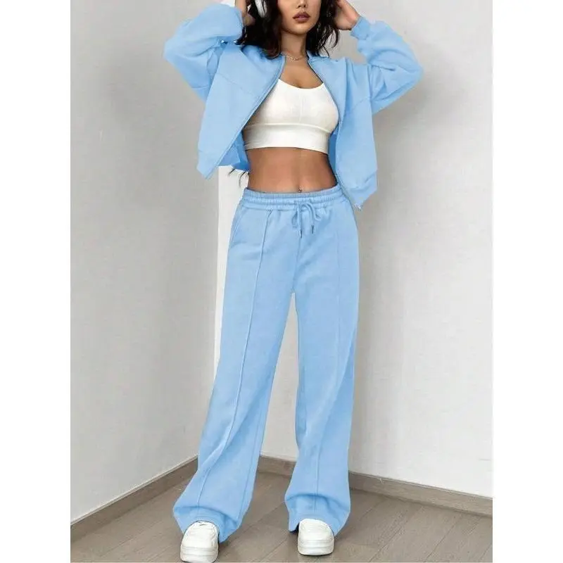 Two-piece Set Women's Solid Zip Up Drop Shoulder Jacket & Pocket Elastic Waist Pants,  Casual Fashion Cozy Breathable Two Piece Outfits for Daily Outdoor Wear, Ladies Clothes for All Seasons