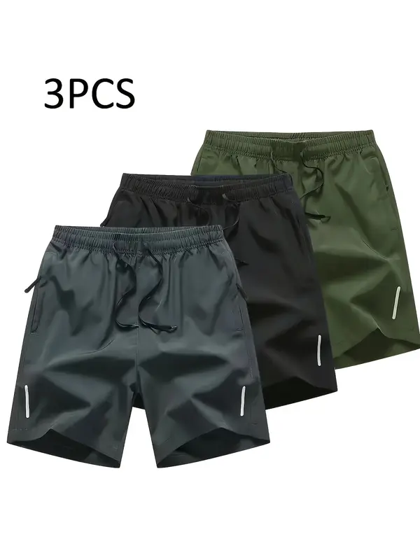 New summer men's breathable quick-drying 3-pack sports shorts - drawstring design + anti-theft zipper pocket black technology fabric essential equipment for hiking and running" 0