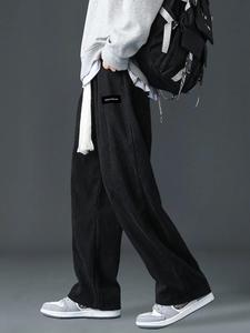 Men's Letter Patched Drawstring Waist Corduroy Pants, Loose Casual Comfy Straight Leg Trousers for Fall & Winter, Men's Bottoms for Daily Wear