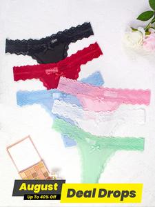 Women's 6pcs Bow Decor Sheer Lace Panty, Soft Breathable Comfortable Knicker For Daily Wear, Women's Underwear Bottoms For All Seasons