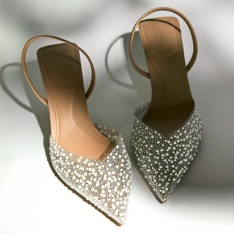 New Summer High Heel Sandals With Pointed Tip Fine Heel Shallow Mouth Rear Hollow Pearl Decoration Strap Back Women's Sandals 1