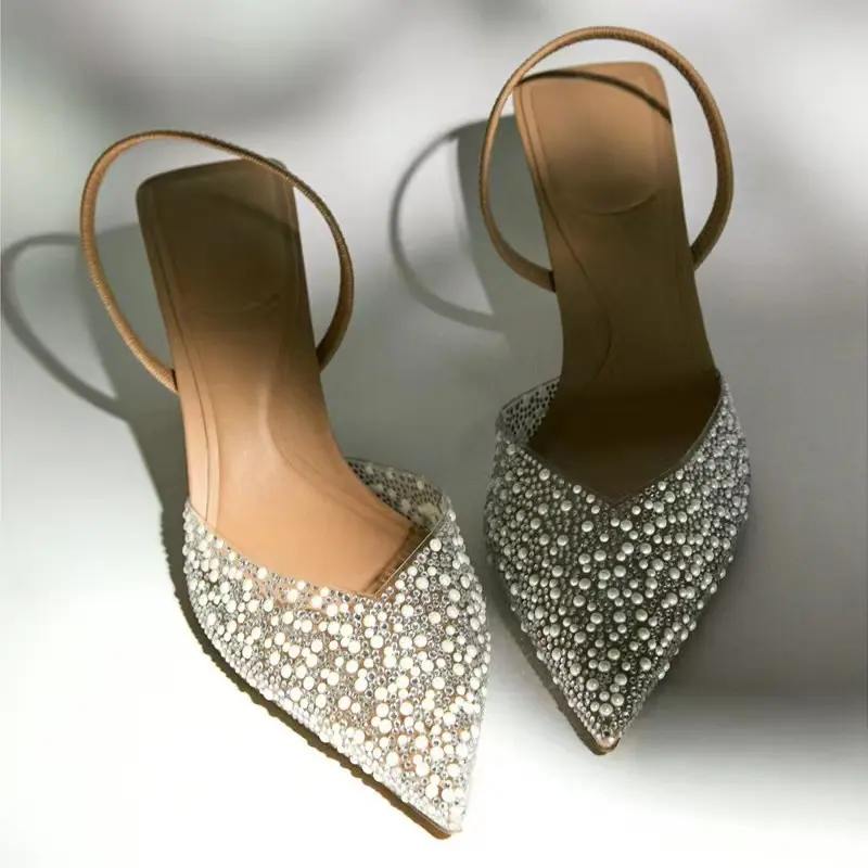 New Summer High Heel Sandals With Pointed Tip Fine Heel Shallow Mouth Rear Hollow Pearl Decoration Strap Back Women's Sandals 1