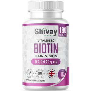 Biotin 10,000mcg Supplement - 180 Tablets - 6 Month Supply - High Strength Hair, Skin & Nail Support - Vegan & Made in The UK by Shivay Herbals