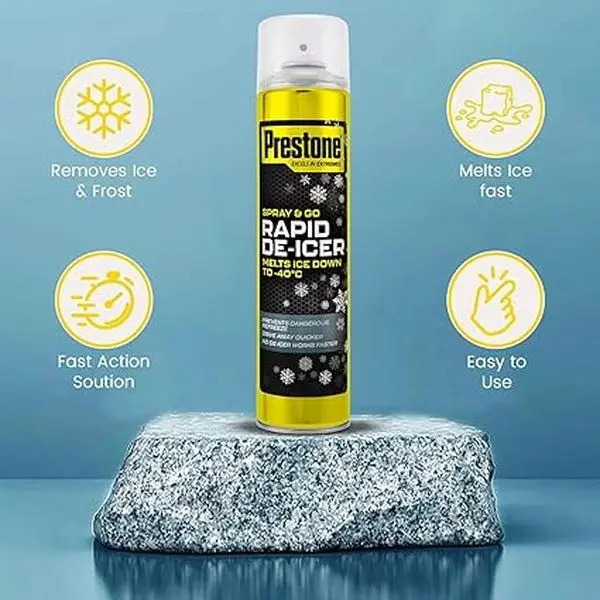 Prestone De-Icer, Anti Freeze Spray For Car Window, Fast Acting De-Icer Spray For Car, No De-Icer Works Faster, Prevents Re-Freeze & Melts Ice At -40C, Essential Car Accessories, Rapid Deicer, 600ml