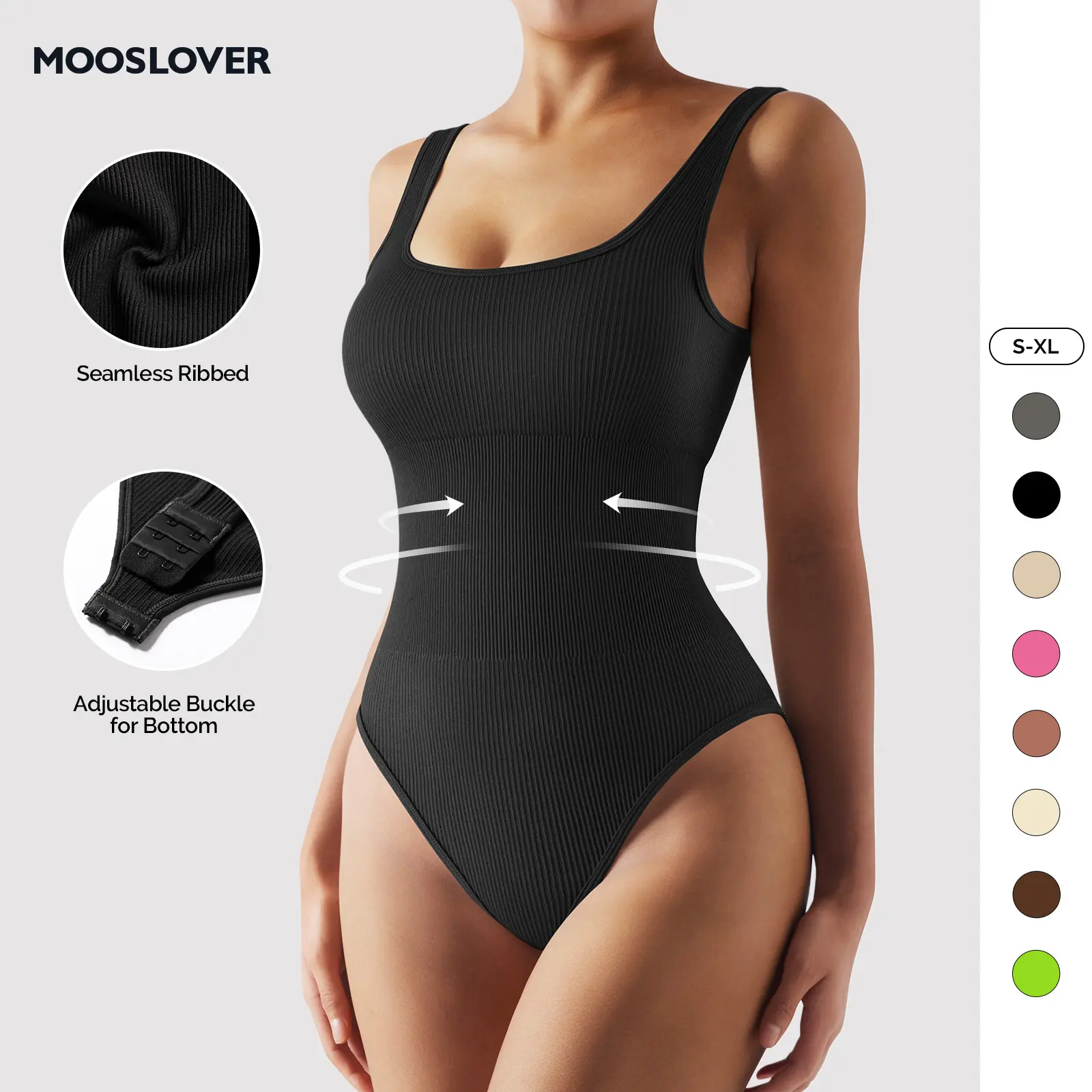 Mooslover UK Women's Bodysuits Sexy Ribbed Sleeveless Square Neck Sleeveless Tank Tops Bodysuits Soft Spandex Fit Womenswear