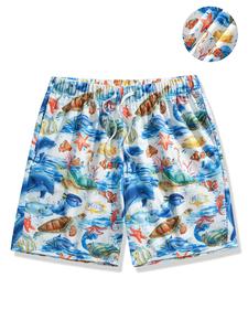 Men's Fish Print Drawstring Waist Shorts, Casual Loose Elastic Waist Pocket Track Shorts for Summer, Men's Bottoms for Beach Vacation