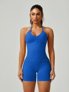Women's Solid Ruched Design Backless Halter Top & High Waist Shorts Tracksuit Set, Sporty Breathable Comfortable Two-piece Outfits for Yoga Gym Workout Running, Gym Workout Clothes