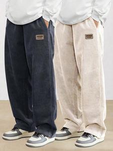 Men's Letter Patched Drawstring Waist Corduroy Pants, Loose Casual Comfy Wide Leg Trousers for Fall & Winter, Men's Bottoms for Daily Wear