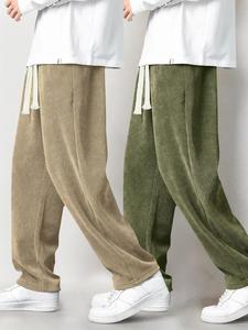 Men's Solid Drawstring Waist Corduroy Pants, Casual Comfy Straight Leg Trousers for Fall & Winter, Men's Bottoms for Daily Wear