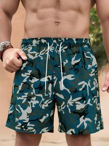Men's Camo Print Contrast Trim Waistband Swim Shorts, Loose Casual Fashion Comfy Swim Shorts for Summer, Men's Swimwear for Beach Swimming