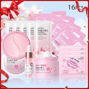 Sakura Skincare Set (16pcs/set), Sakura Eye Mask, Essence, Cream, Lip Mask, Sleeping Mask, Mud Mask, Face Mask, Skin Care Kit for Women