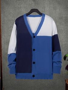 New Fashion Casual Colorblock Magic! Blue Patchwork V Neck Men's Knit Cardigan, Tiktok Favorite, Fall & Winter Wear