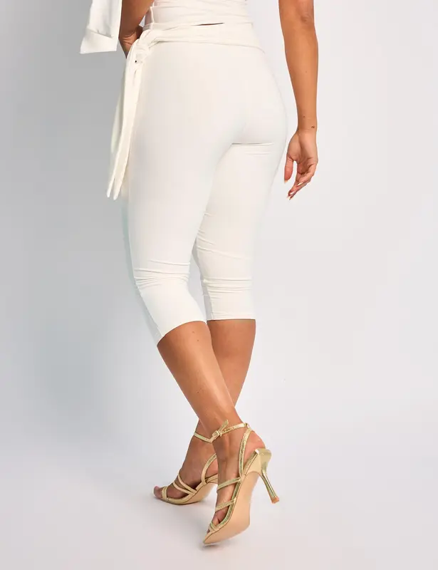 Knot Detail Tie Side Luxe Slinky Capri Pants White 2
