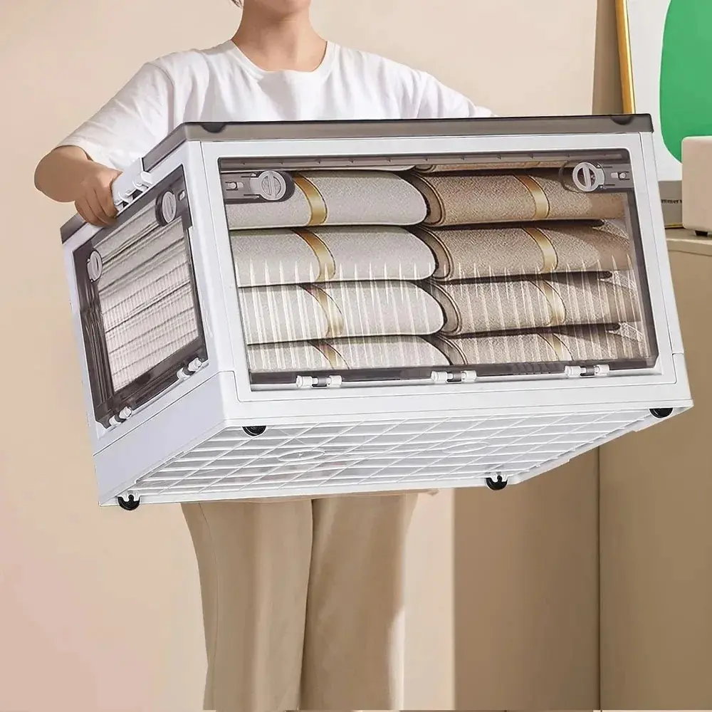 Livingandhome Transparent Folding Storage Box with Wheels kitchen  organizer  rack  storage  cabinet
