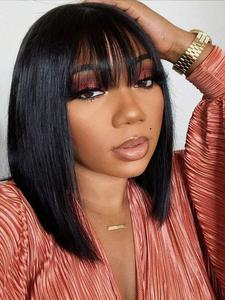 12 Inch Short Straight Bob Wigs for Women, Gorgeous Fluffy Wigs with Bangs, Human Hair Wigs for Party, Daily Use