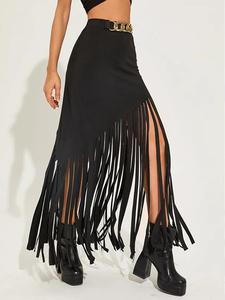 Women's Solid Color Fringe Trim Skirt, Elegant Fashion Skirt, Fashionable Long Skirt for Party Club Dating Wear, Women's Bottoms for Summer