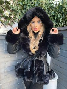Lillie Belted Faux Fur Hooded Womens Fitted Coat