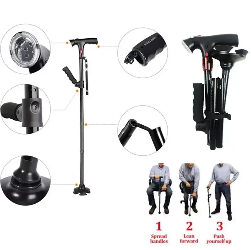 Collapsible Telescopic Folding Cane Elder Cane LED With alarm Walking Trusty Sticks Elder Crutches for Mothers the Elder Fathers , Elder Folding Walking Stick Walking Cane Height Adjustable LED Light Alarm 3