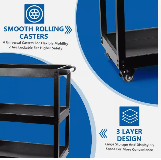 Tool Storage Heavy Duty Garage Trolley Workshop 3 Tier Wheel Cart DIY Black UK 1