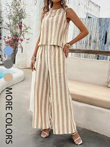 Two-piece Set Women's Striped Print Tank Top & Wide Leg Pants, Sleeveless Top & Palazzo Pants for Beach Vacation Holiday, Ladies Clothes for All Seasons, Womenswear, Summer Clothing Set, Casual Lounge Set, Casual Summer Set, Summer Sleep Set