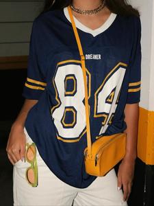 Women's Number Print V Neck Tee, Casual Half  Sleeve T-shirt for Summer, Ladies Clothes for Daily Wear, Top