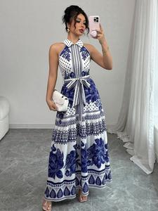 Women's All Over Floral Print Belted Wide Leg Jumpsuit, Elegant Fashion Casual Jumpsuit for Daily Outdoor Wear, Women Jumpsuits for Summer