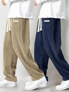 Men's Letter Patched Corduroy Pants, Casual Comfy Straight Leg Trousers for Fall & Winter, Men's Bottoms for Daily Wear