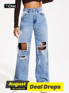 Women's Cut Out Ripped Wide Leg Ripped Skinny Jean, Fashion Casual Basic Straight Leg Distressed Denim Pants for Daily Outdoor Wear, Ladies Fitted Bottoms for All Seasons, High Waisted Denim Trouser, Light Wash Streetwear, Chic Clothes