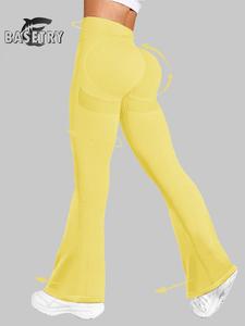 BaseTry women's solid color sports bell bottoms seamlessly elegant high waisted trumpet shaped yoga and Pilates pants, elastic and quick drying exercise running pants