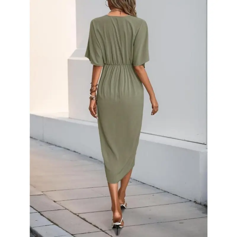 Women's Plain Twist Ruched Half Sleeve Dress, Elegant V Neck Knee Length Dress for Party Holiday Wedding Guest, Ladies Spring Clothes 7