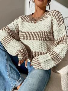 Women's Striped Print Drop Shoulder Sweater, Casual Long Sleeve Round Neck Jumper for Fall & Winter