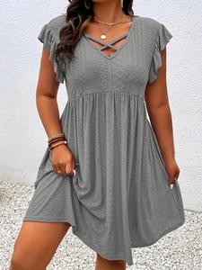 【Plus Size】 Solid Color Hollow Out Dress, Chic Minimalist Vneck Dress for Summer, Women's Plus Clothing for Daily Wear, Casual Fit Dress