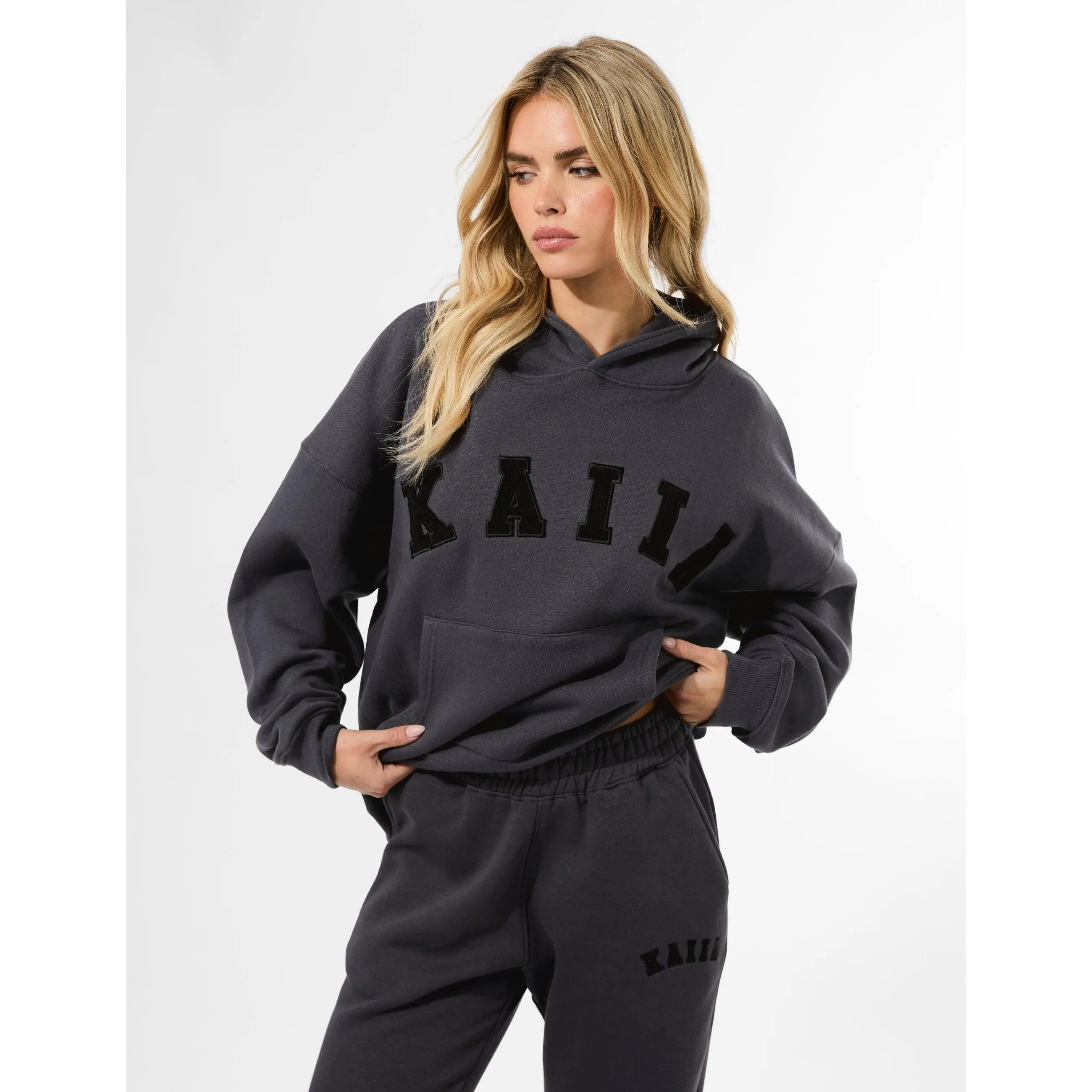 Kaiia Slogan Oversized Hoodie Dark Grey