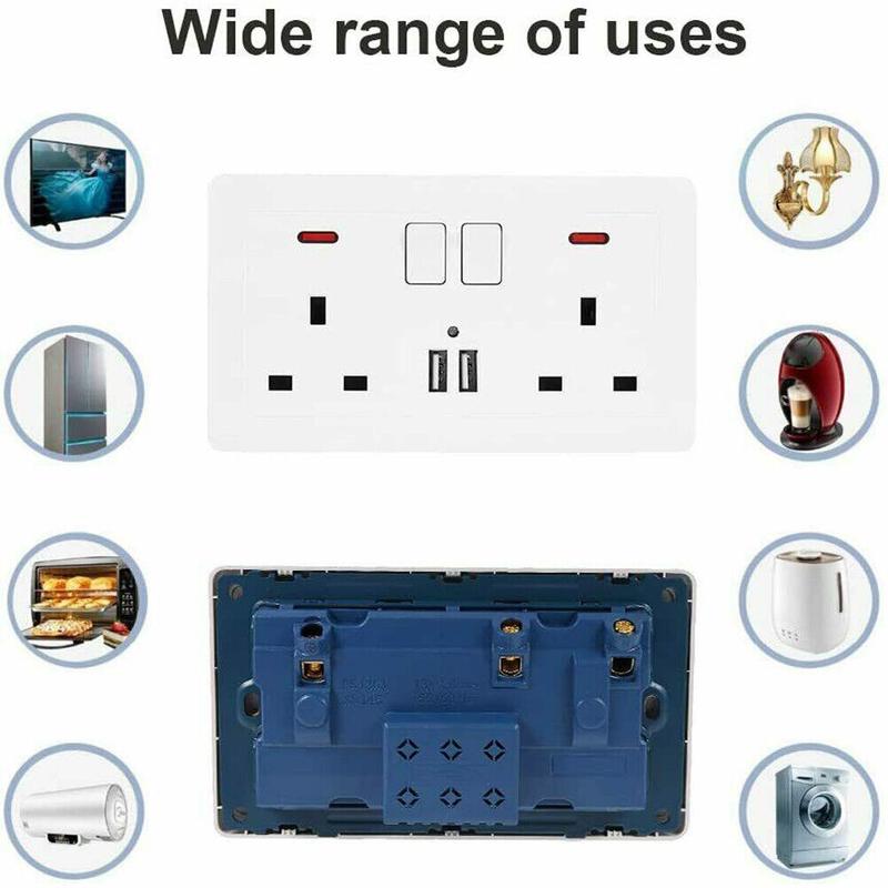 Product Introduction of Double Wall Plug Socket 2 Gang 13A w/ 2 Charger USB Ports Outlets Flat Plate UK 14