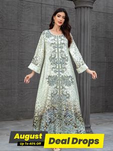 Women's Ethnic Pattern Long Sleeve Dress, Modest Round Neck Maxi Dress for Party Holiday Vacation, Ladies Islamic Clothing for All Seasons