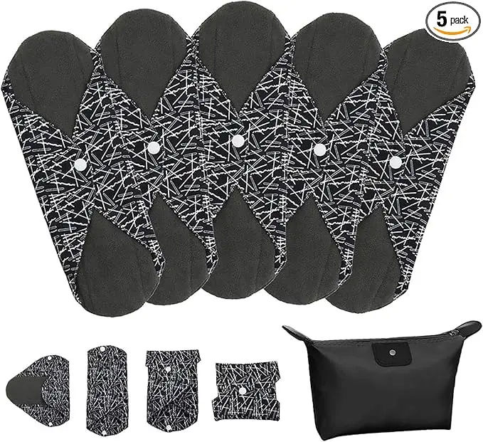 Large Reusable Sanitary Towels - 5 Pack L Heavy Flow Washable Menstrual Pads Postpartum Nursing Nappy Bamboo Charcoal Polyester with Storage Bag Valentine's Day Gift for Women