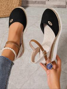 Women's Fashionable Black Color Wedge Sandals, Espadrilles Strappy Platform Sandals, Casual Comfortable Breathable Platform Summer Beach Sandals for Beach, Fashion Shoes for Party, Daily Clothing Decor, Footwear