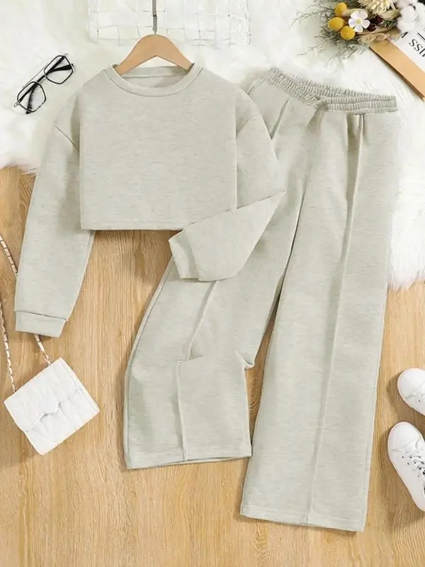2025 new hot-selling girls' round neck short sweatshirt and loose waist pants set gift, dignified temperament back to school outfit, solid color long-sleeved top and wide-leg pants, unique 3