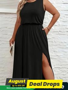 【Plus Size】 Solid Split Thigh Wrap Tank Dress, Elegant Sleeveless Round Neck A Line Dress for Party Holiday Wedding Guest, Women's Plus Clothing for Summer, Womenswear, Lady Formal Dress Hides Tummy