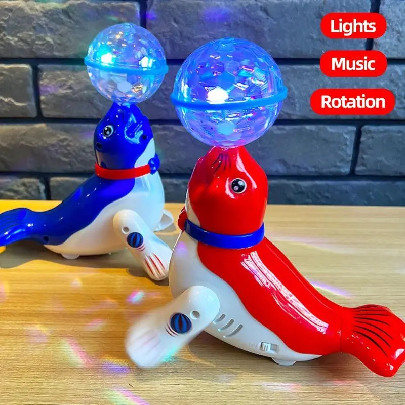 360° Rotating Sea Lion Top Toy with Flashing Lights & Music – Cute Cartoon Animal Puzzle for Youngsters, Blue & Red Whimsical Design, Perfect Gift for Valentine’s Day, Christmas, Thanksgiving, Easter (Batteries Not Included) 0