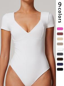 Women's Solid Color V Neck Racerback Shapewear Bodysuit, High Stretch Seamless Tummy Control Butt Lift Bodysuit, Ladies Shapewear for Daily Wear, Compression