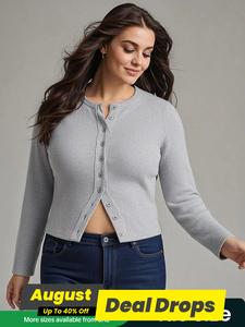 【Plus Size】 Solid Color Ribbed Button Front Crew Neck Cardigan, Casual Minimalist Basic Slim Fitted Knitting Long Sleeve Round Neck Knitwear for Spring & Fall, Women's Tops for Daily Wear, Longsleeves Womenswear