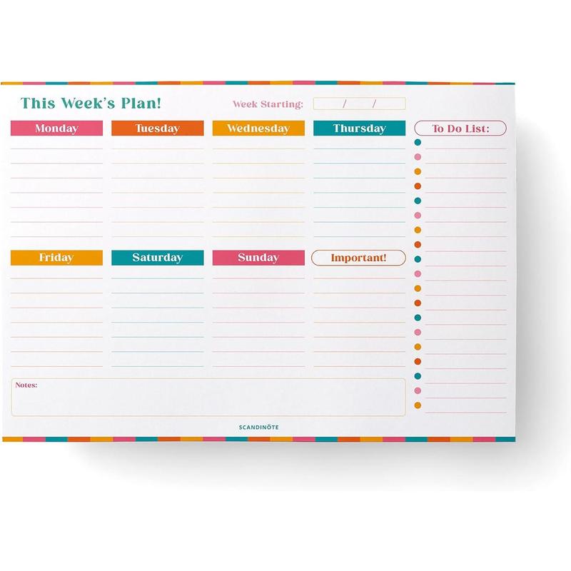 SCANDINÖTE Weekly Planner Pad. A4 Desk Pad. 52 Journal Sheets with Notes,  Important & To Do List. Family, work, home, study, revision. 100gsm  recycled paper. UK Made. 4